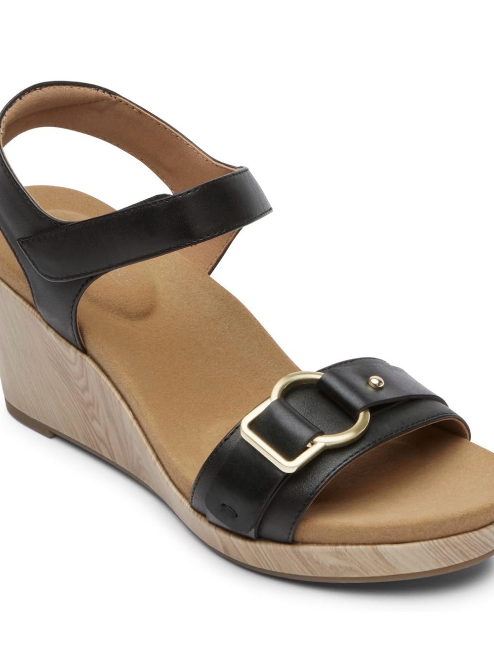 NWOT Rockport Black Wedge Sandals with Gold Buckle Detail